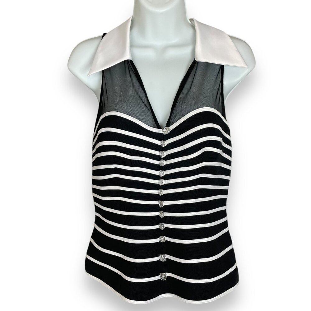 Caché Top Collared Striped Rhinestone Buttons Sleeveless Black White Sz 6 Blouse
